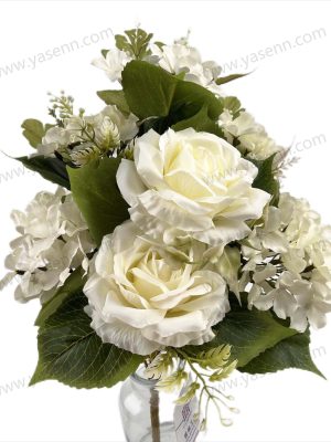YSB23119 Compact Mixed Rose and Hydrangea Artificial Fan Bouquet 7 Stems 44cm Tall Pongee YSB23119