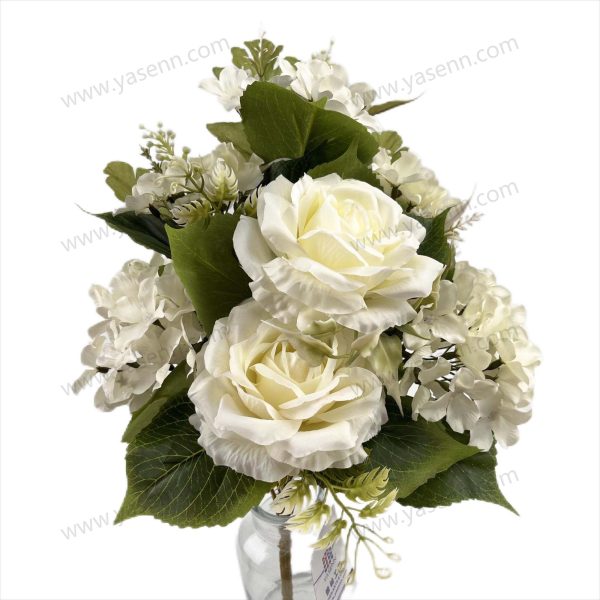 Compact Mixed Rose and Hydrangea Artificial Fan Bouquet 7 Stems 44cm Tall Pongee YSB23119