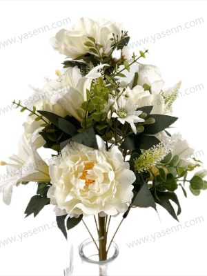 YSB23120 Luxury Mixed Lily Peony Rose Artificial Fan Shaped Bouquet 11 Stems 50cm Tall Satin YSB23120