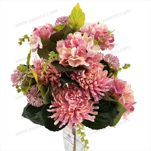 Modern Mixed Chrysanthemum Hydrangea and Allium Artificial Fan Bouquet 13 Stems 50cm Tall Pongee YSB23137