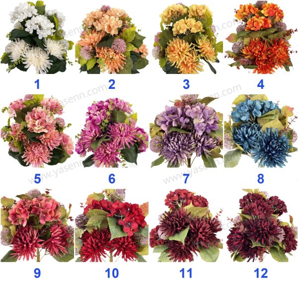 Modern Mixed Chrysanthemum Hydrangea and Allium Artificial Fan Bouquet 13 Stems 50cm Tall Pongee YSB23137