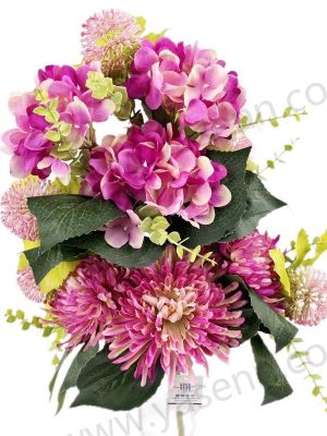 YSB23139 Premium Mixed Chrysanthemum Hydrangea with Allium Balls Artificial Fan Bouquet 11 Stems 50cm Tall Pongee Plastic YSB23139