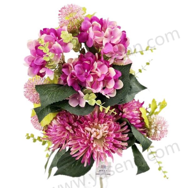 Premium Mixed Chrysanthemum Hydrangea with Allium Balls Artificial Fan Bouquet 11 Stems 50cm Tall Pongee Plastic YSB23139