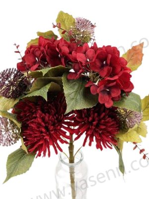 YSB23140 Lush Artificial Chrysanthemum and Hydrangea Fan Bouquet 9 Stems 46cm Tall Pongee Plastic YSB23140