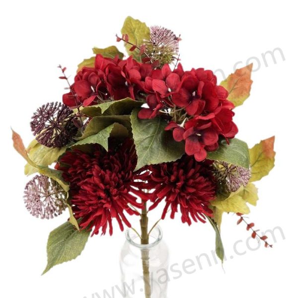Lush Artificial Chrysanthemum and Hydrangea Fan Bouquet 9 Stems 46cm Tall Pongee Plastic YSB23140