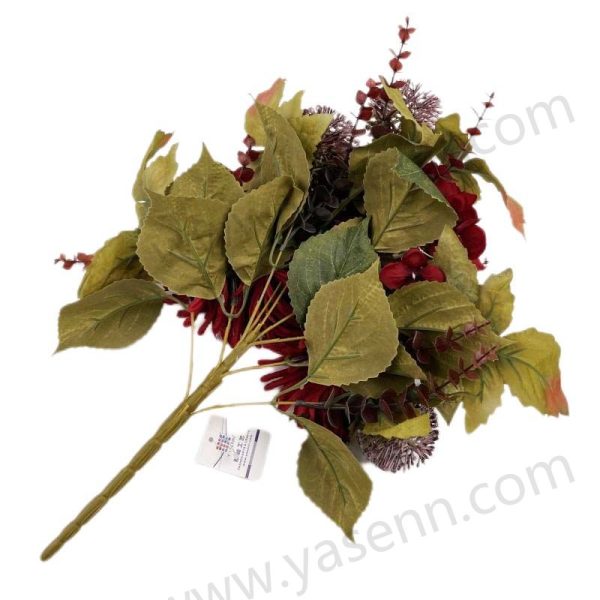 Lush Artificial Chrysanthemum and Hydrangea Fan Bouquet 9 Stems 46cm Tall Pongee Plastic YSB23140