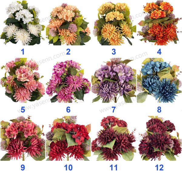 Lush Artificial Chrysanthemum and Hydrangea Fan Bouquet 9 Stems 46cm Tall Pongee Plastic YSB23140