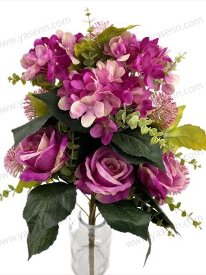YSB23142 Romantic Mixed Rose and Hydrangea Artificial Fan Shaped Bouquet 11 Stems 50cm Tall Pongee Plastic YSB23142