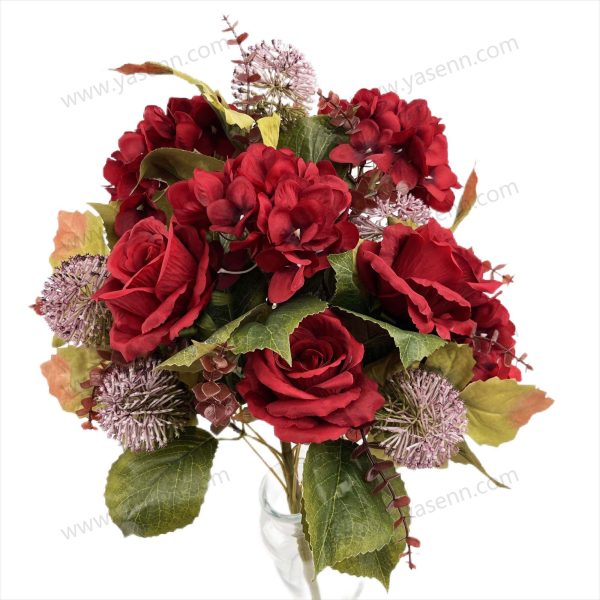 Premium Mixed Rose and Hydrangea Artificial Fan Shaped Bouquet 13 Stems 47cm Tall Pongee Plastic YSB23143