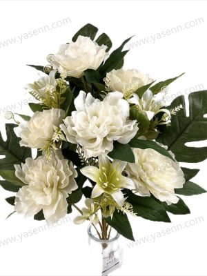 YSB23157 Luxury Peony and Lily Artificial Fan Shaped Bouquet 9 Stems 55cm Tall Pongee Plastic YSB23157