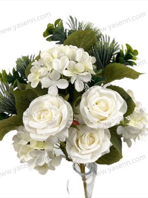 YSB23160 Lush Rose and Hydrangea Artificial Fan Shaped Bouquet 12 Stems 53cm Tall Pongee YSB23160