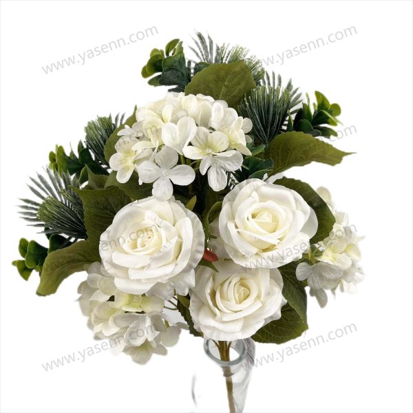 Lush Rose and Hydrangea Artificial Fan Shaped Bouquet 12 Stems 53cm Tall Pongee YSB23160