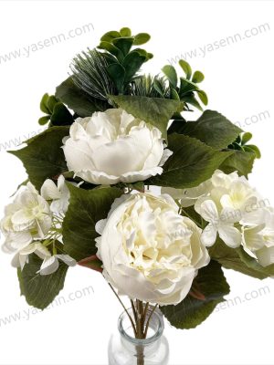 YSB23161 Romantic Peony and Hydrangea Artificial Fan Shaped Bouquet 9 Stems 53cm Tall Pongee YSB23161