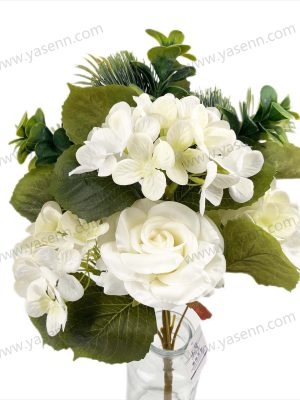 YSB23162 Mixed Rose and Hydrangea Artificial Fan Shaped Bouquet 7 Stems 47cm Tall Large Blooms YSB23162