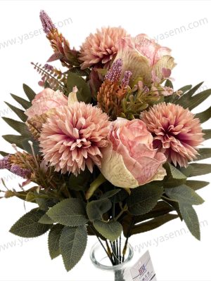 Mixed Rose and Ball Chrysanthemum Artificial Fan Shaped Bouquet 9 Stems 52cm Tall Pongee Plastic YSB23197