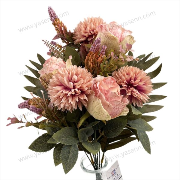 Mixed Rose and Ball Chrysanthemum Artificial Fan Shaped Bouquet 9 Stems 52cm Tall Pongee Plastic YSB23197