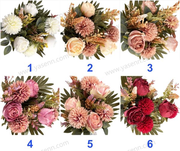 Mixed Rose and Ball Chrysanthemum Artificial Fan Shaped Bouquet 9 Stems 52cm Tall Pongee Plastic YSB23197