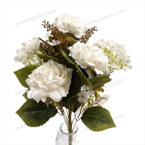 YSB23210 Lush Peony and Hydrangea Artificial Fan Shaped Bouquet 11 Stems 50cm Tall Pongee YSB23210