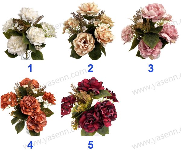 YSB23210_色卡 Lush Peony and Hydrangea Artificial Fan Shaped Bouquet 11 Stems 50cm Tall Pongee YSB23210