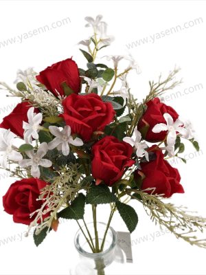 YSF19092 Dainty Artificial Rose Fan-Shaped Bouquet - 7 Roses, 46cm Tall, Delicate 5cm Blooms, Premium Pongee (YSF19092)