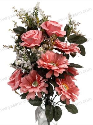 Luxury Fan-Shaped Artificial Bouquet - 18 Rose & Chrysanthemum Stems, 52cm Tall, Satin Flocked Pongee (YSZ19120)