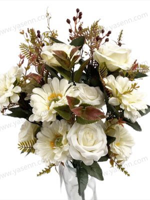 Luxury Mixed Rose and Chrysanthemum Fan Bouquet 18 Stems 50cm Tall Flocked Pongee Satin YSZ20081