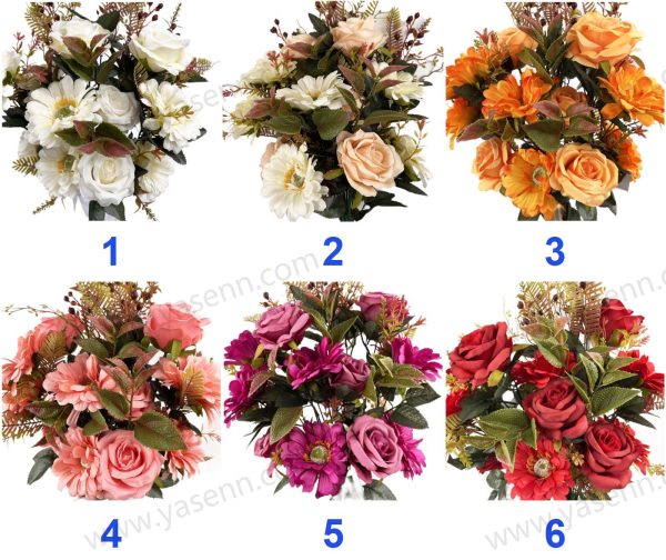 Luxury Mixed Rose and Chrysanthemum Fan Bouquet 18 Stems 50cm Tall Flocked Pongee Satin YSZ20081