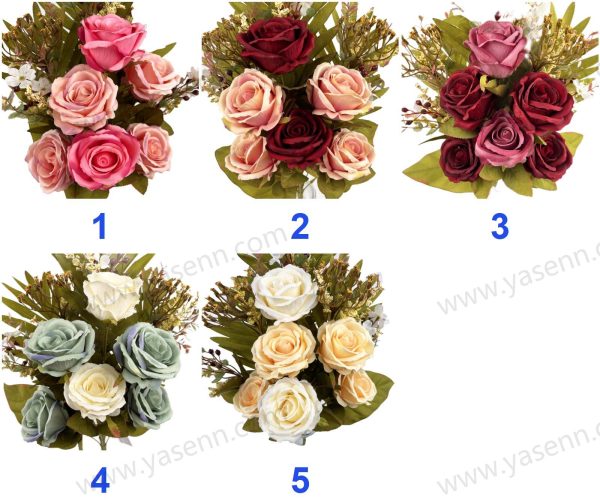 YSZ20155_色卡 Elegant 11 Rose Artificial Fan Shaped Bouquet 60cm Tall Flocked Pongee YSZ20155