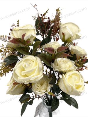 Opulent 18 Rose Artificial Fan Shaped Bouquet 50cm Tall Flocked Pongee Satin YSZ20173