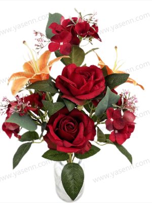 Opulent Mixed Rose & Lily Fan Bouquet – 7 Stems, 45cm Tall, Large 11-13cm Blooms, Pongee Satin (YSZ21007)