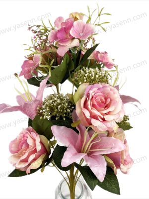 Elegant Rose Lily Artificial Fan Shaped Bouquet 12 Stems 53cm Tall Pongee Satin YSZ21015