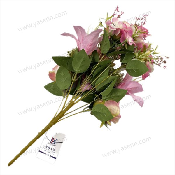 Elegant Rose Lily Artificial Fan Shaped Bouquet 12 Stems 53cm Tall Pongee Satin YSZ21015